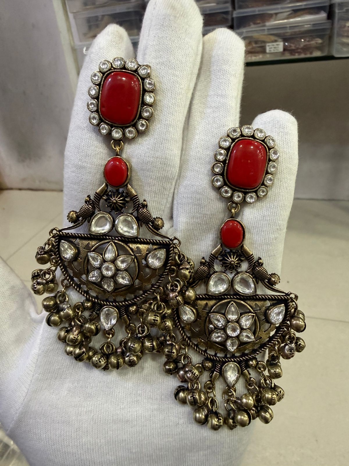 Ruby Red Gold Oxidized Earrings